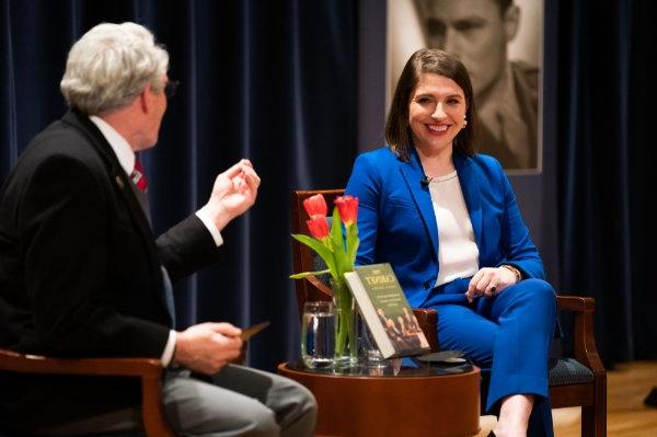 George Washington University professor Lindsay Chervinsky talks with moderator Gleaves Whitney. 